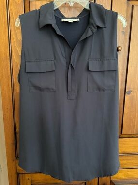 LOFT Size XL Sleeveless Navy V-Neck Collared Utility Shirt & Chest Pockets EUC